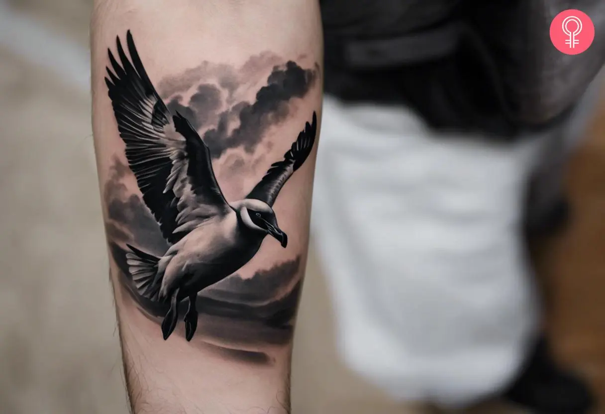 Black and gray flying Albatross tattoo on the forearm