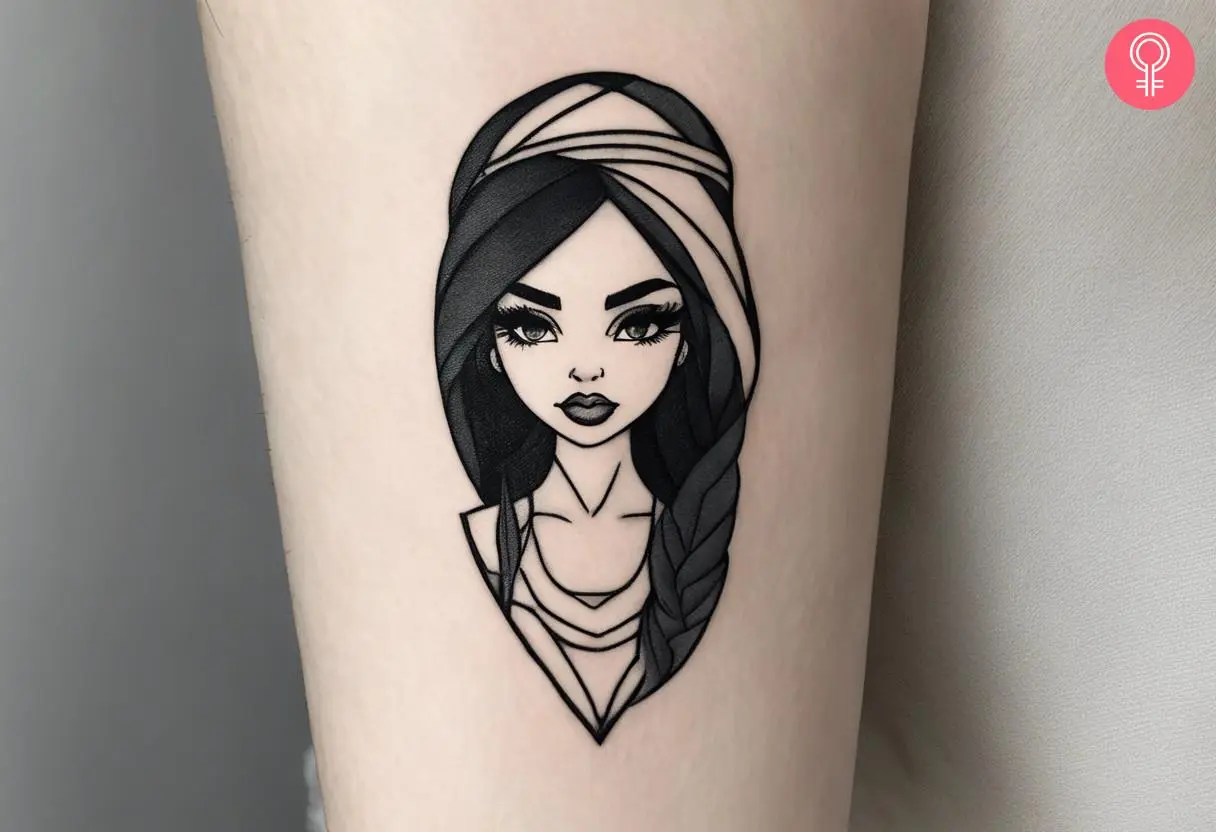 A black and gray sassy Bratz tattoo on the forearm