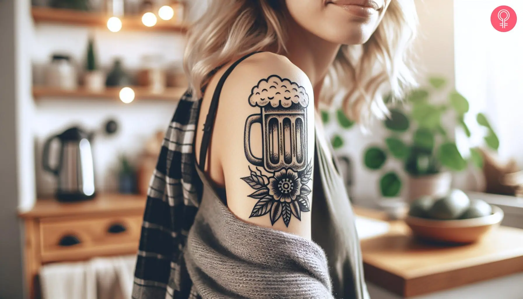 Black-and-white beer tattoo on a woman’s arm