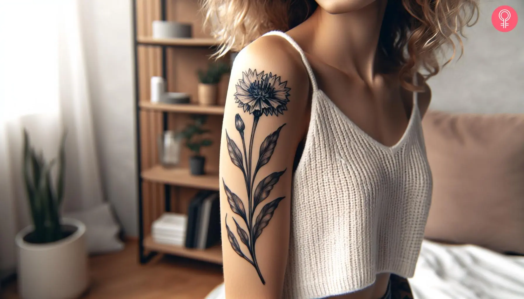 Cornflower black and white tattoo on the upper arm