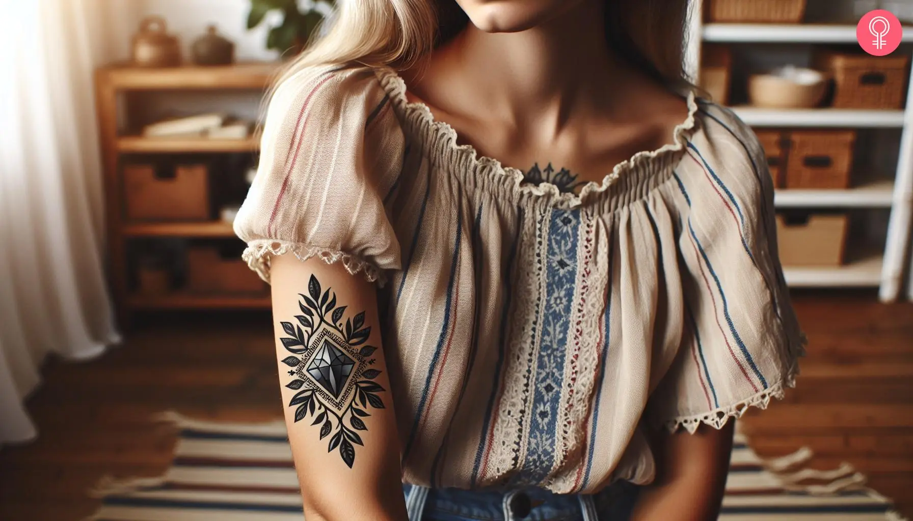 A woman with a black gemstone tattoo on her upper arm