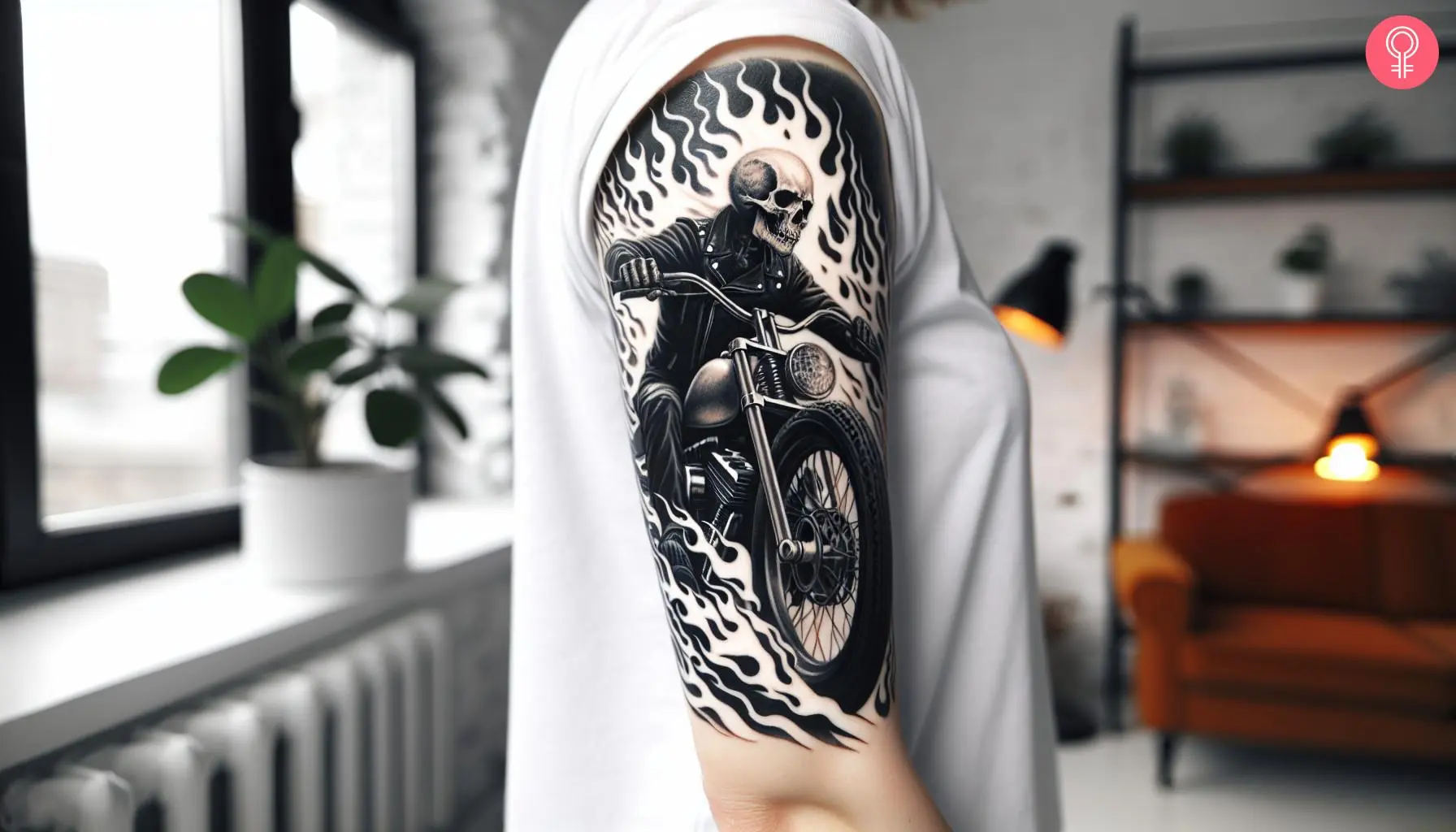 A black and white Ghost Rider tattoo on the upper arm