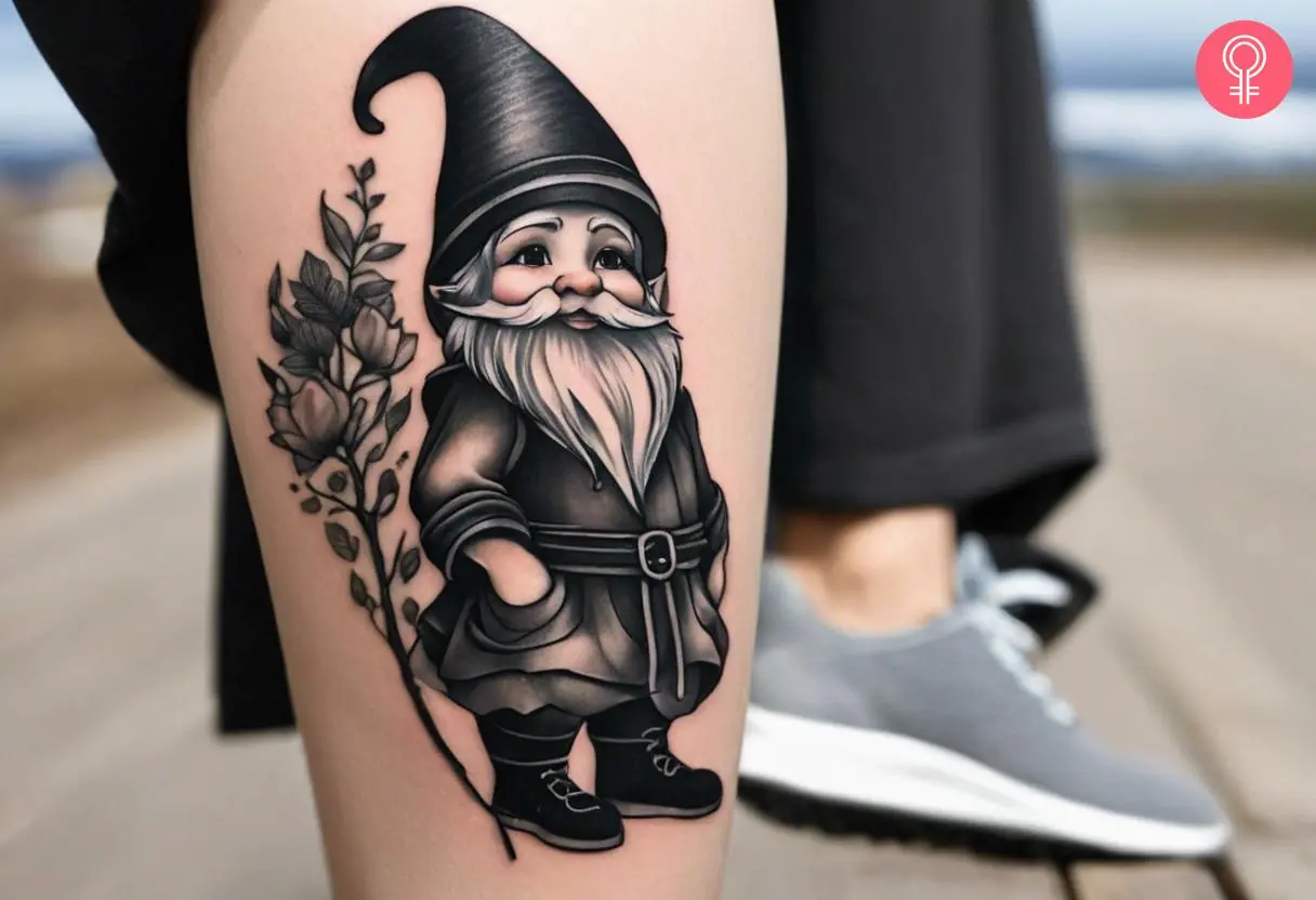 A black-and-white gnome tattoo on the calf