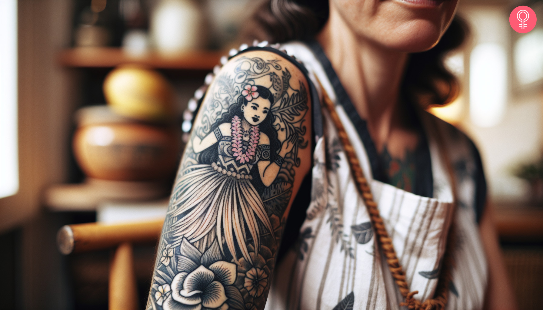 A woman with a hula girl tattoo with floral elements