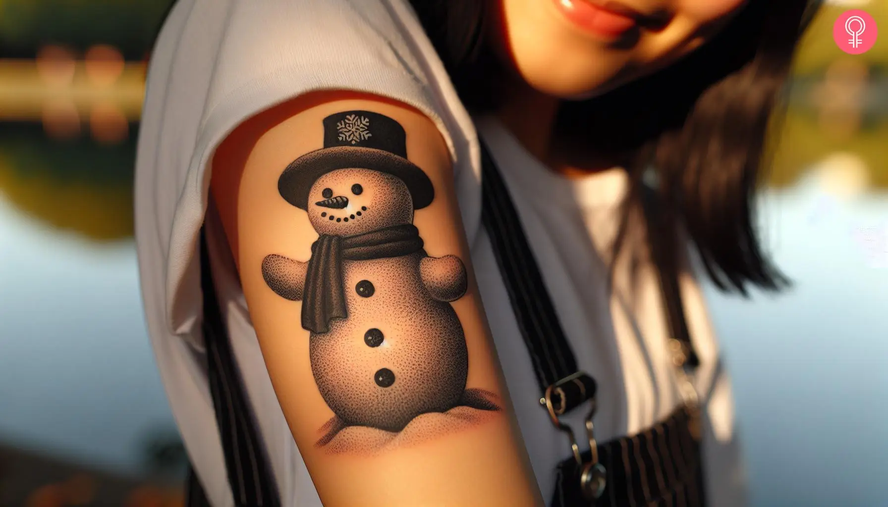 A woman with a black and white snowman tattoo on her upper arm