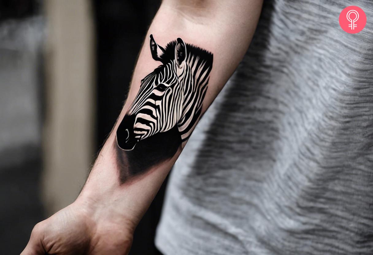 A black and white zebra tattoo design on the forearm