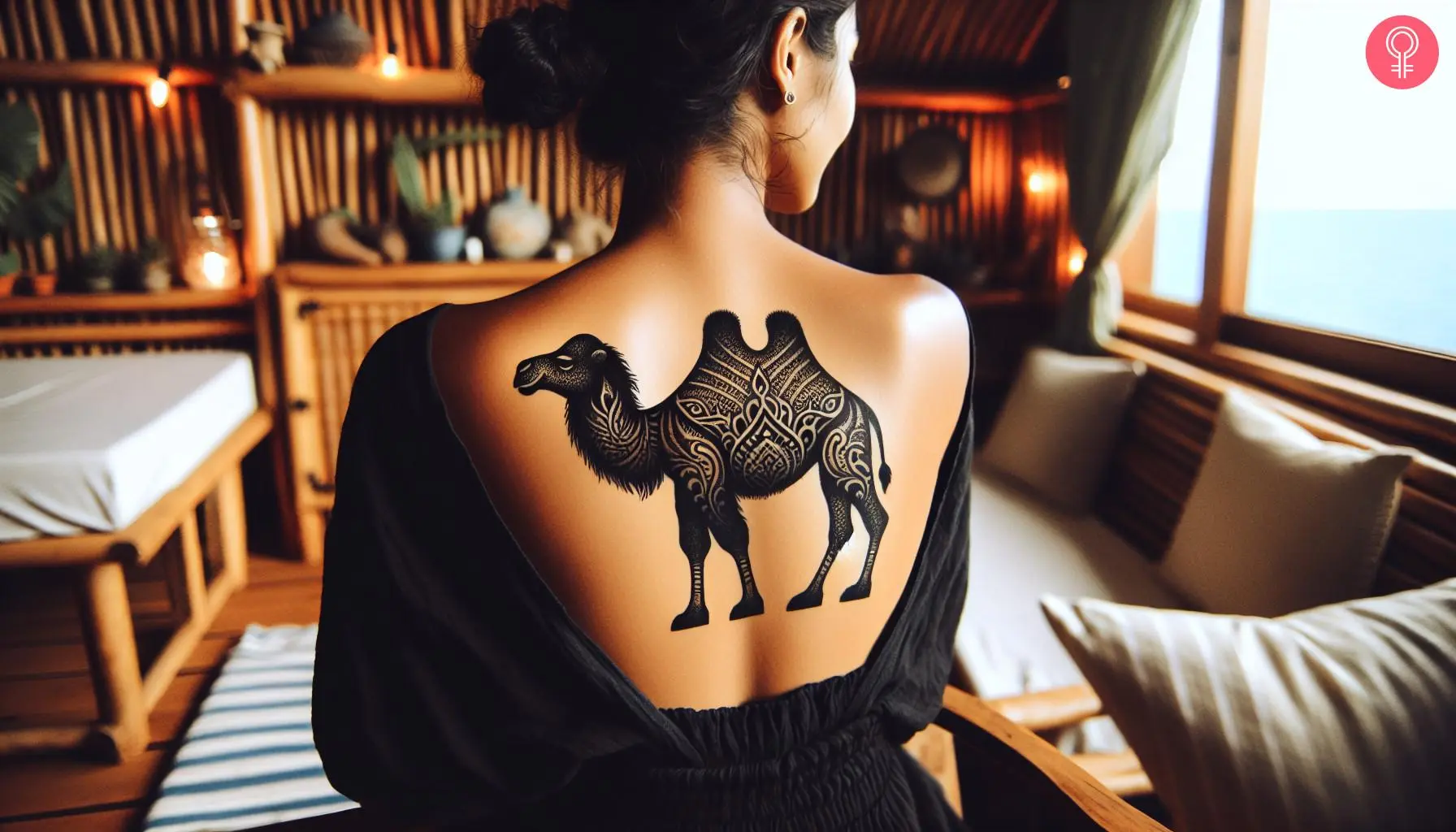 Woman with a black camel tattoo on the back