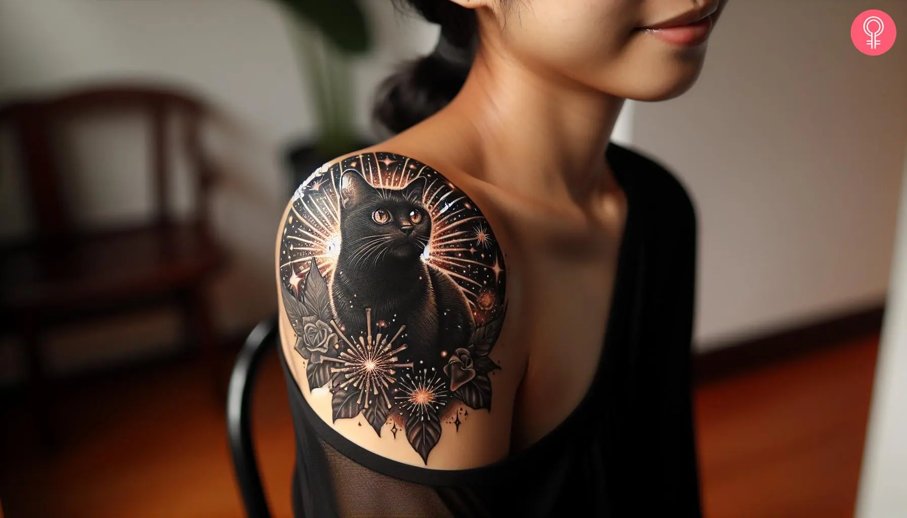 Black cat firework tattoo on the shoulder of a woman