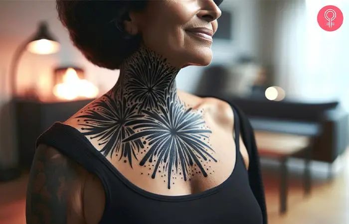 Black firework tattoo on the neck of a woman