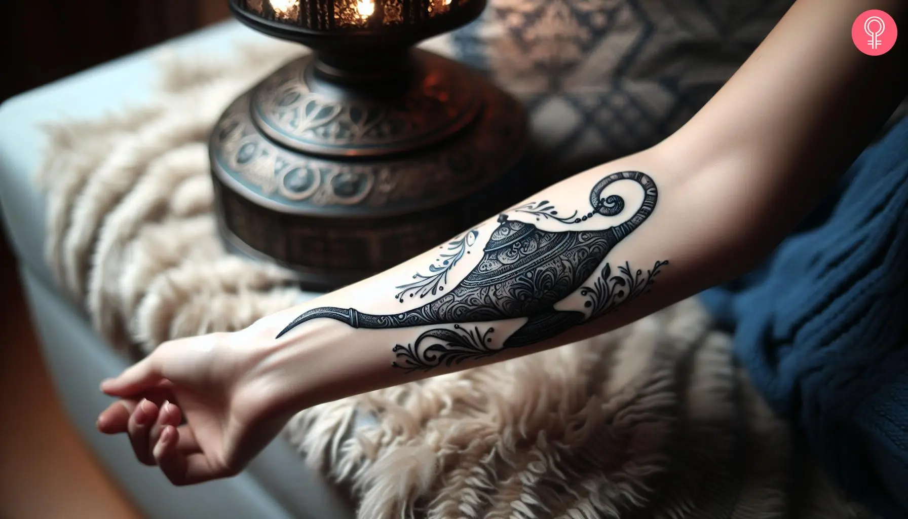 Black genie lamp tattoo on the arm of a woman