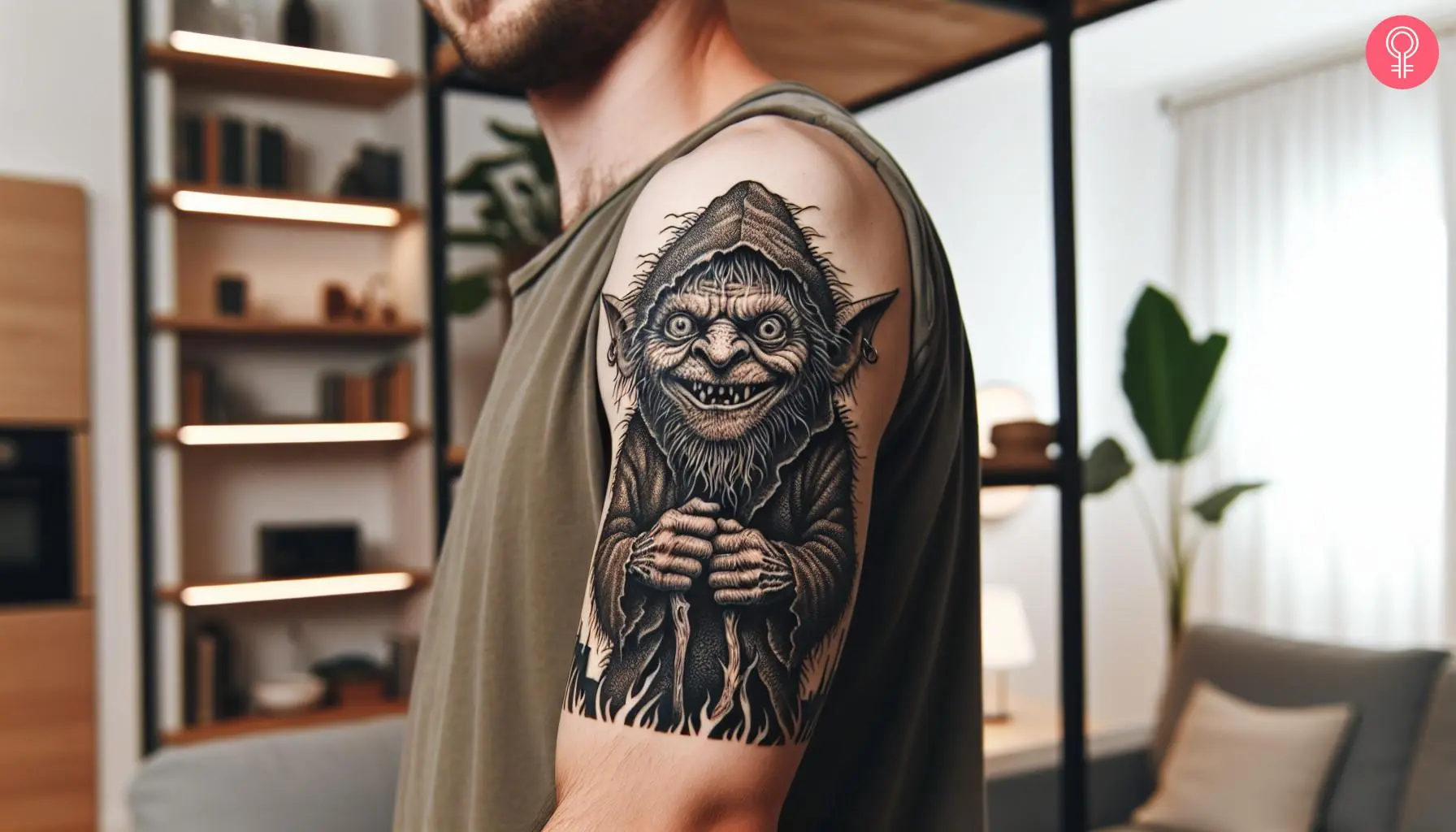 A black goblin tattoo on the upper arm