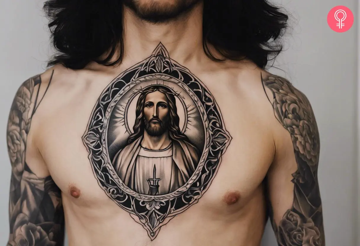 Man with a blackwork Jesus chest tattoo