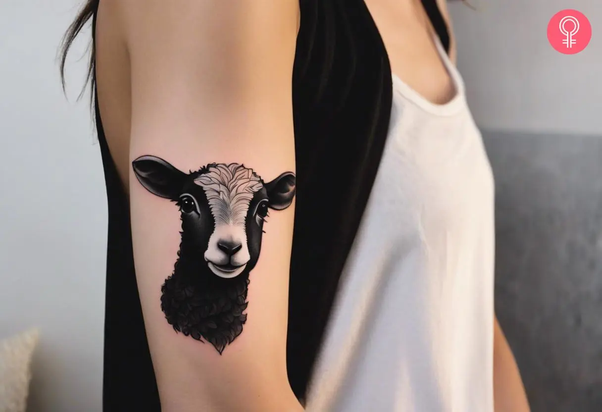 A woman with a black lamb tattoo on the upper arm