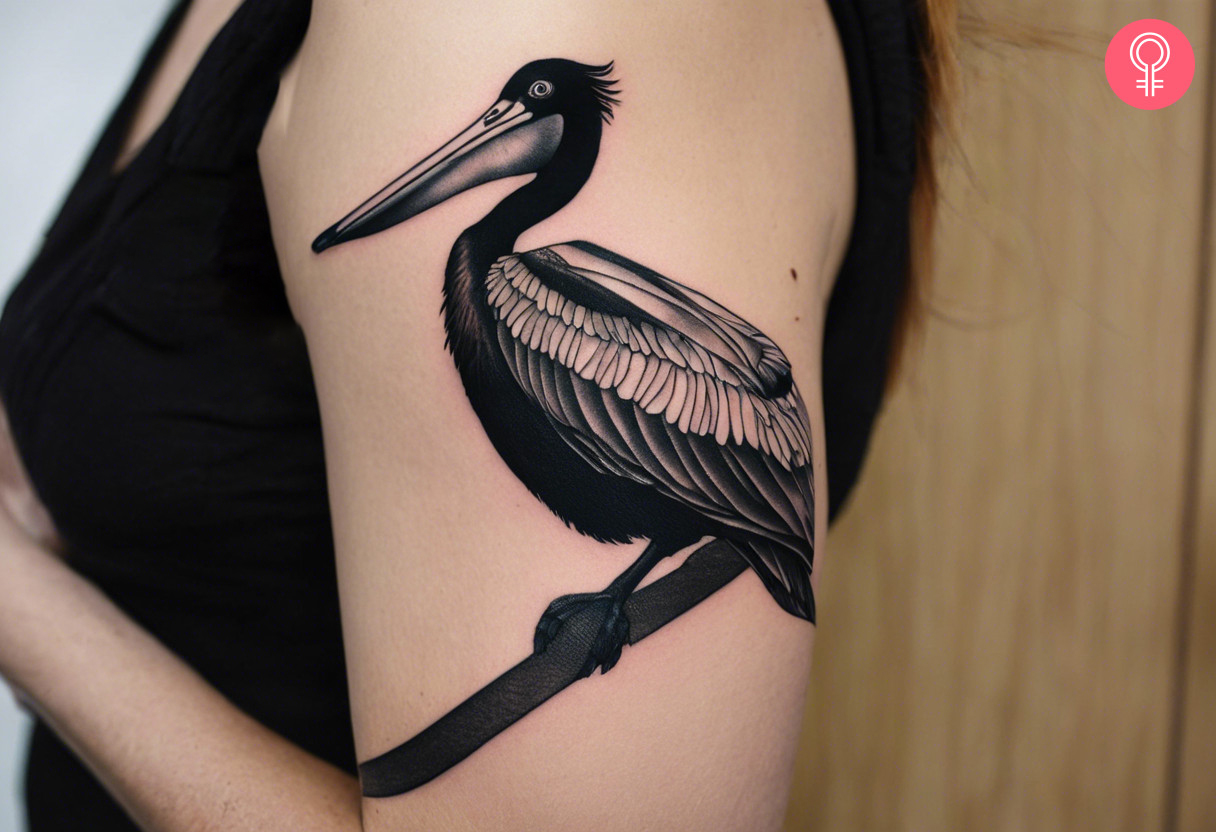 A tattoo of a black Pelican perched on a branch