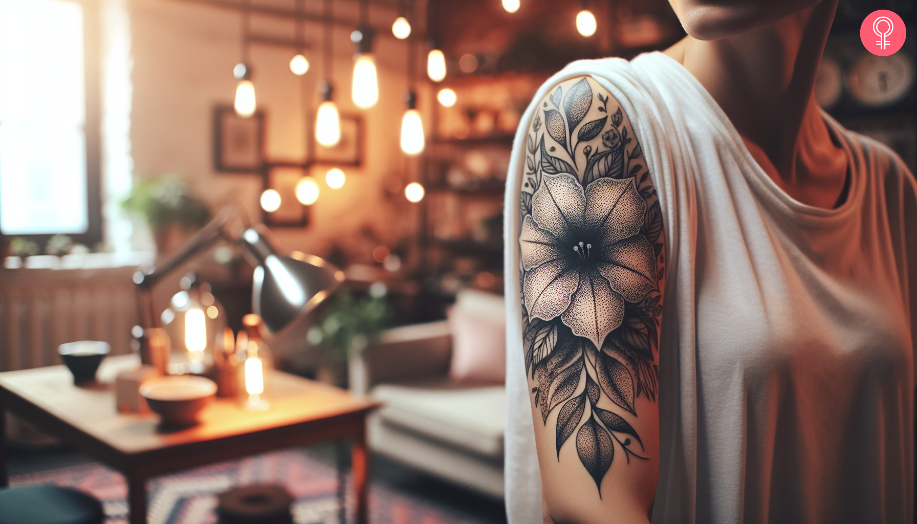 An illustrative upper arm tattoo featuring a large petunia flower