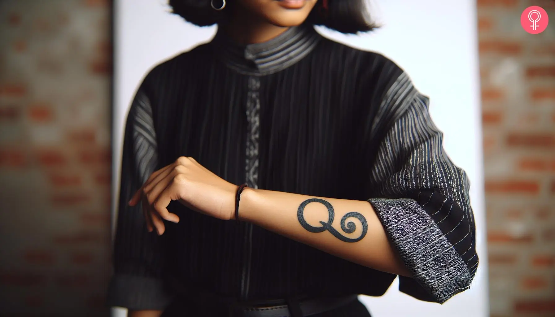 Woman with black Q tattoo on her forearm