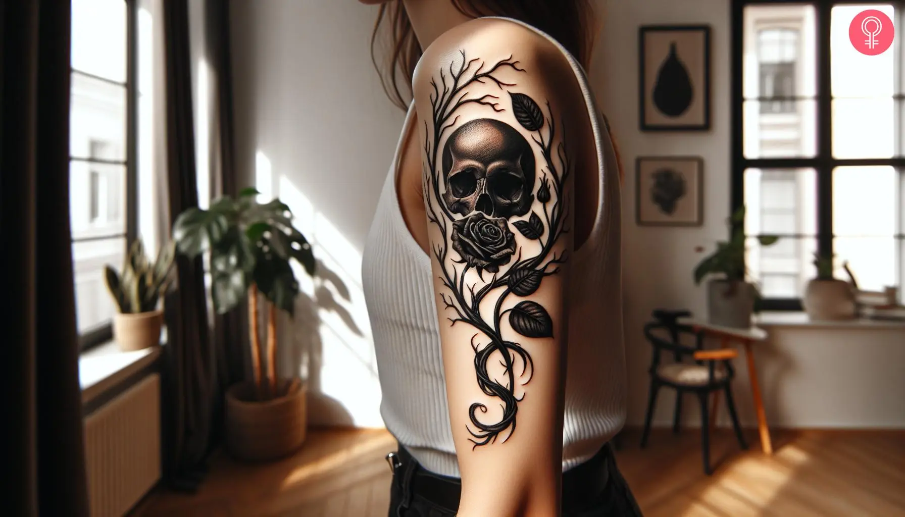 tattoo of black rose of death with gnarly vines and a skull