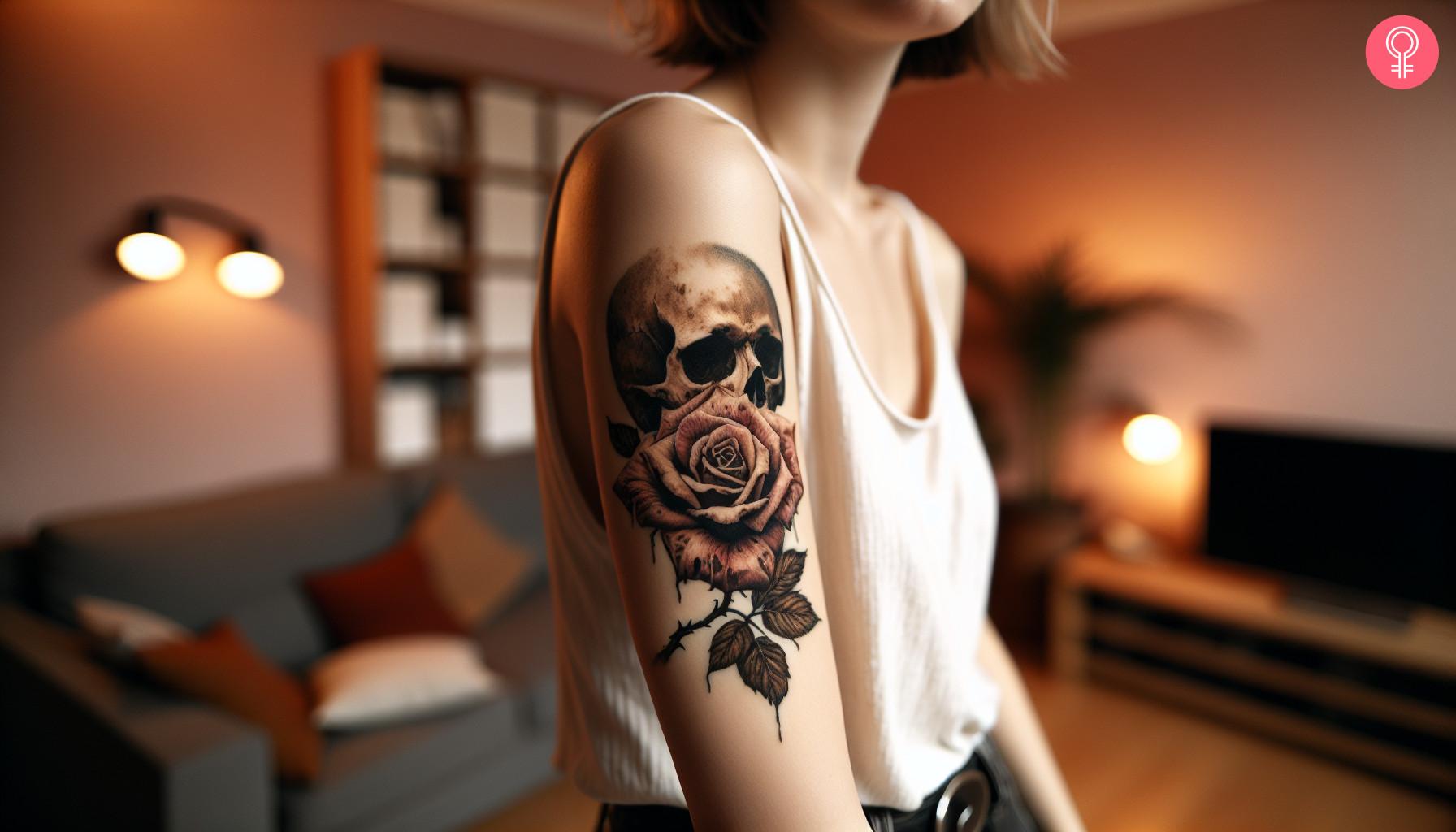 Black rose of death tattoo on the upper arm of a woman