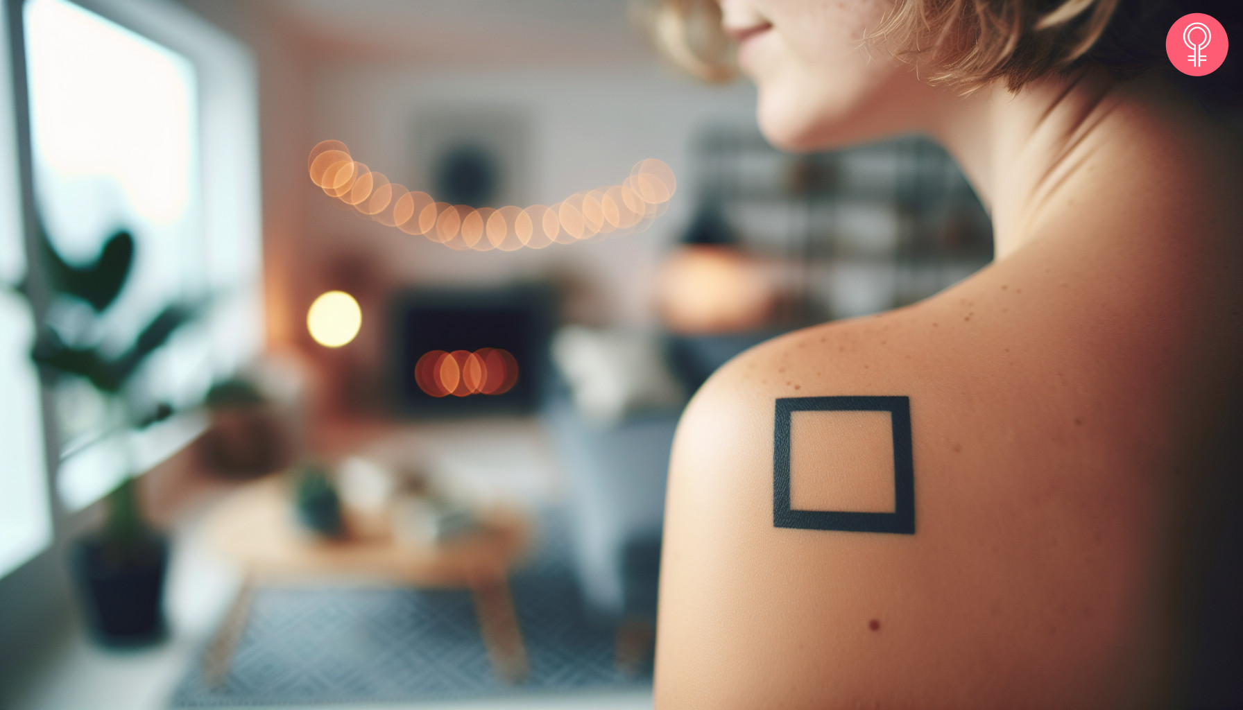 Woman with a black square tattoo on the shoulder