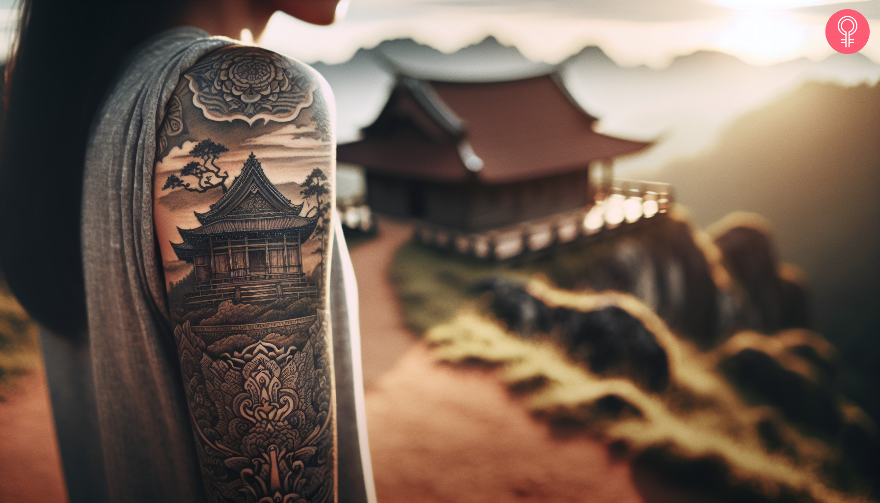 Black temple tattoo on a woman’s upper arm