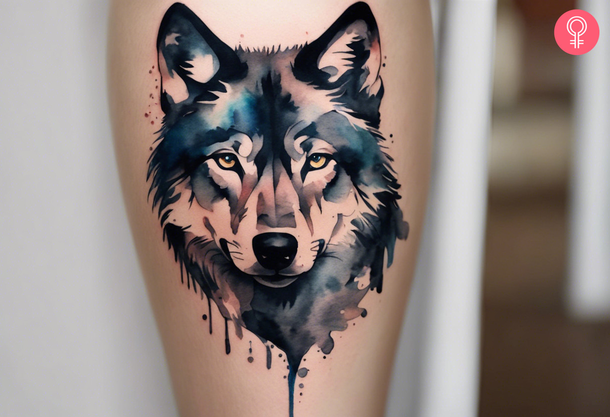 Black watercolor wolf tattoo on the calf of a woman