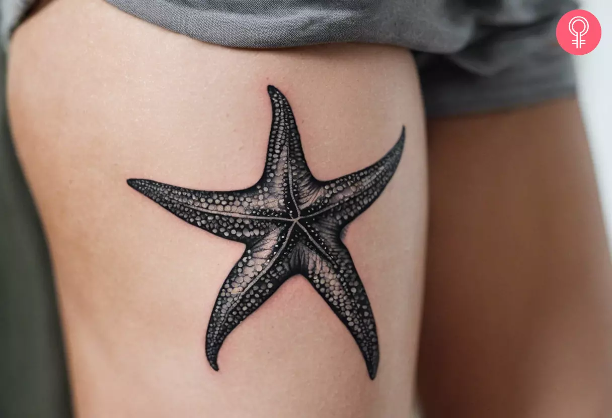 A black and gray starfish tattoo on the thigh of a woman