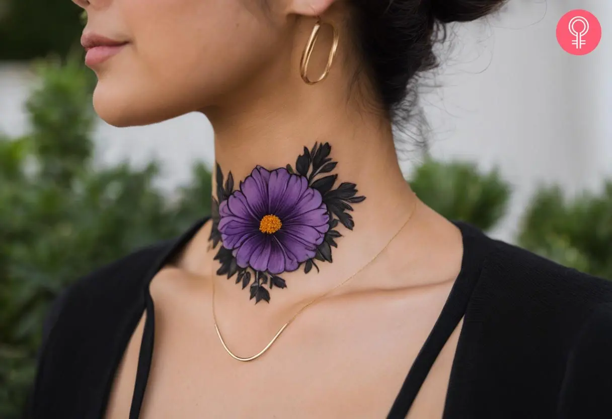 Black and purple flower tattoo on the neck of a woman