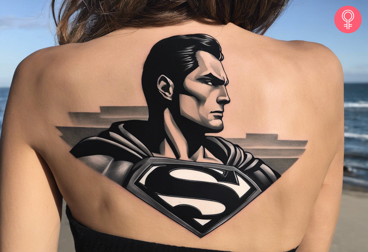 Black-and-white Superman tattoo on a woman’s back