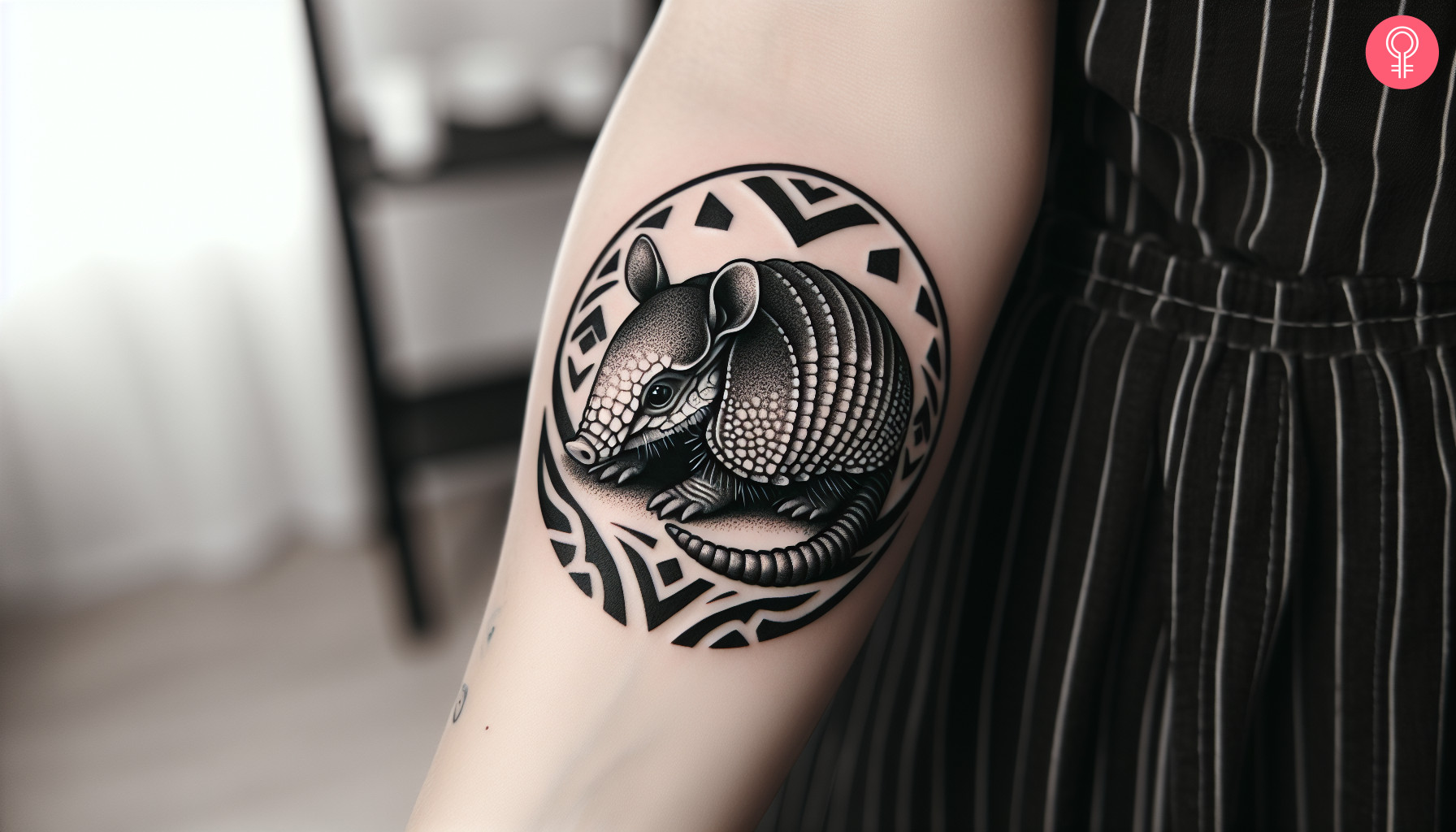 Black and white armadillo tattoo on the forearm of a woman