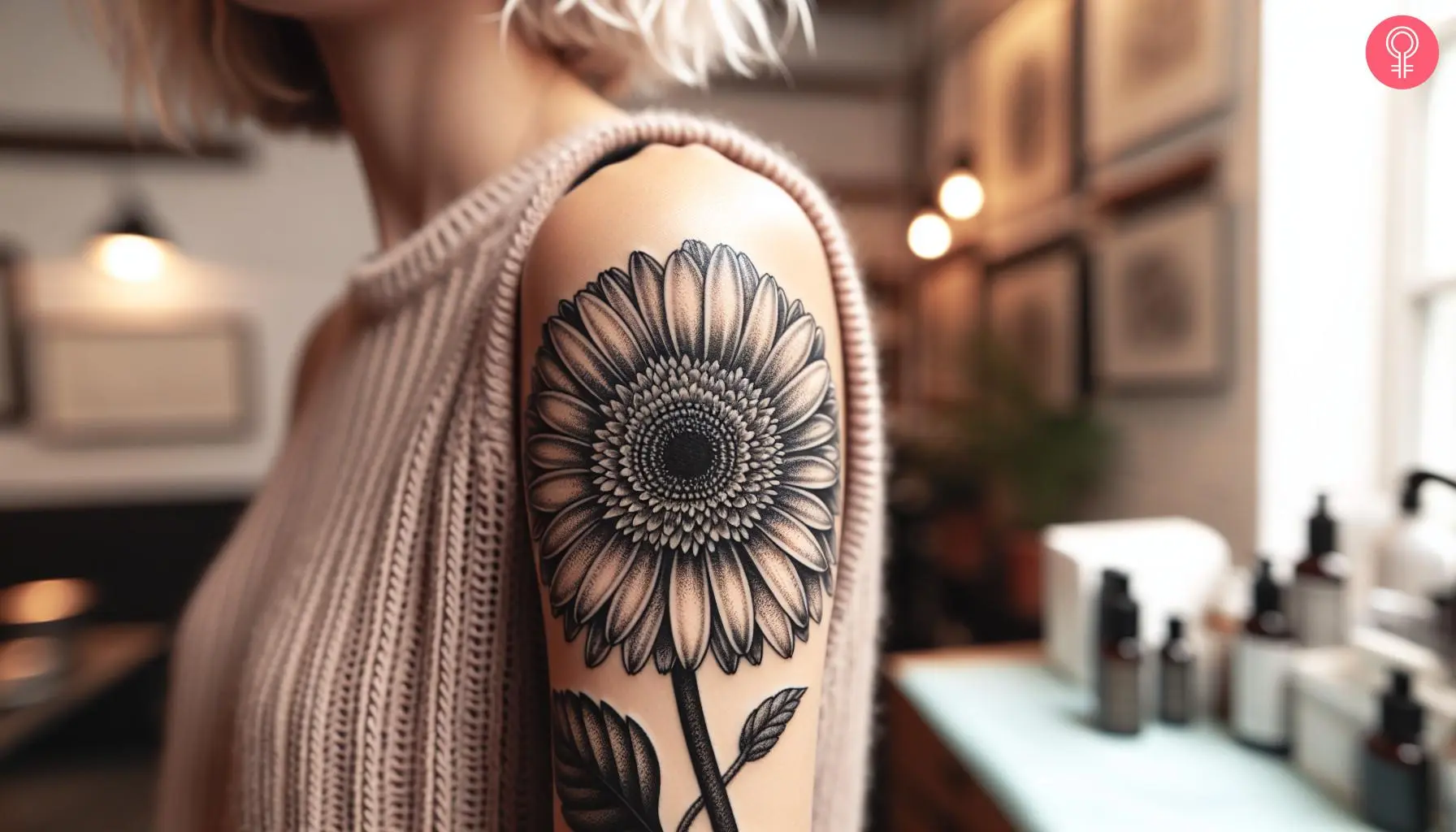 Black and white gerbera daisy tattoo on the arm of a woman