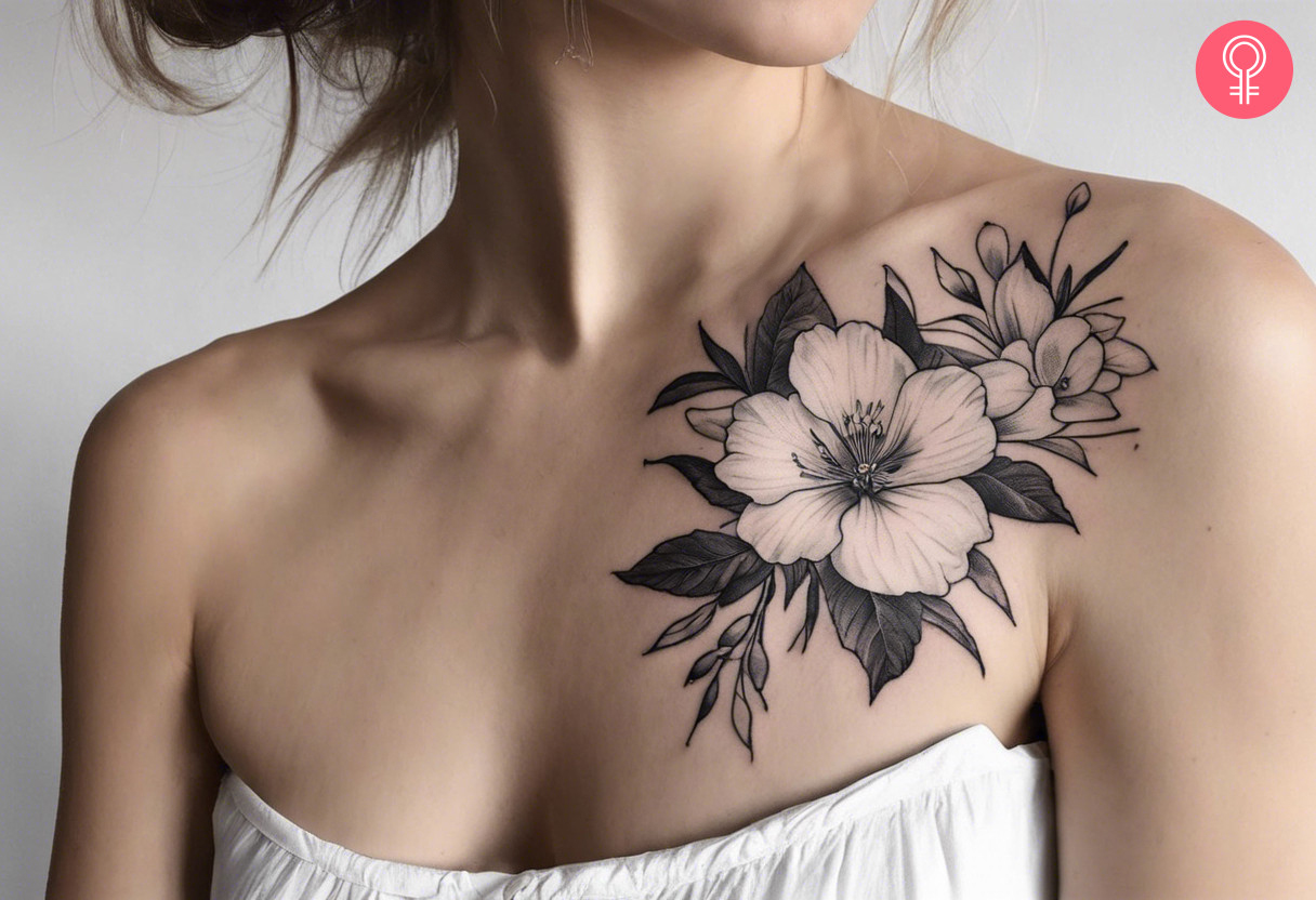 Black and white larkspur tattoo on a woman’s shoulder