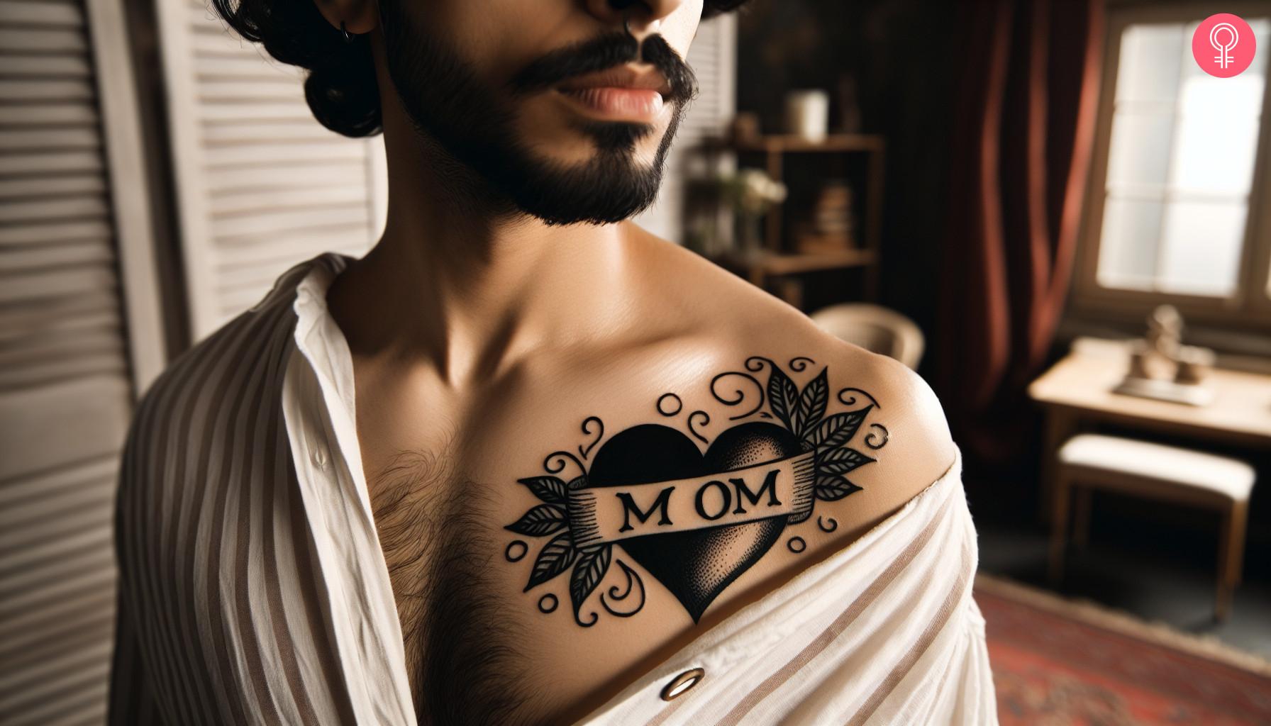 Black and white mom heart tattoo on front shoulder