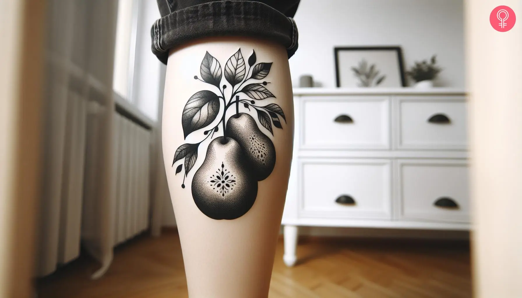 Black-and-white pear tattoo on a woman’s calf