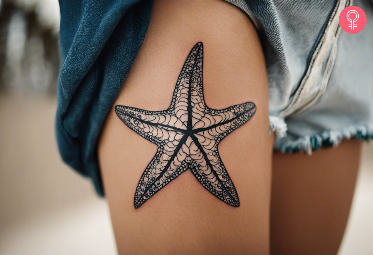 Black and white starfish tattoo on the thigh