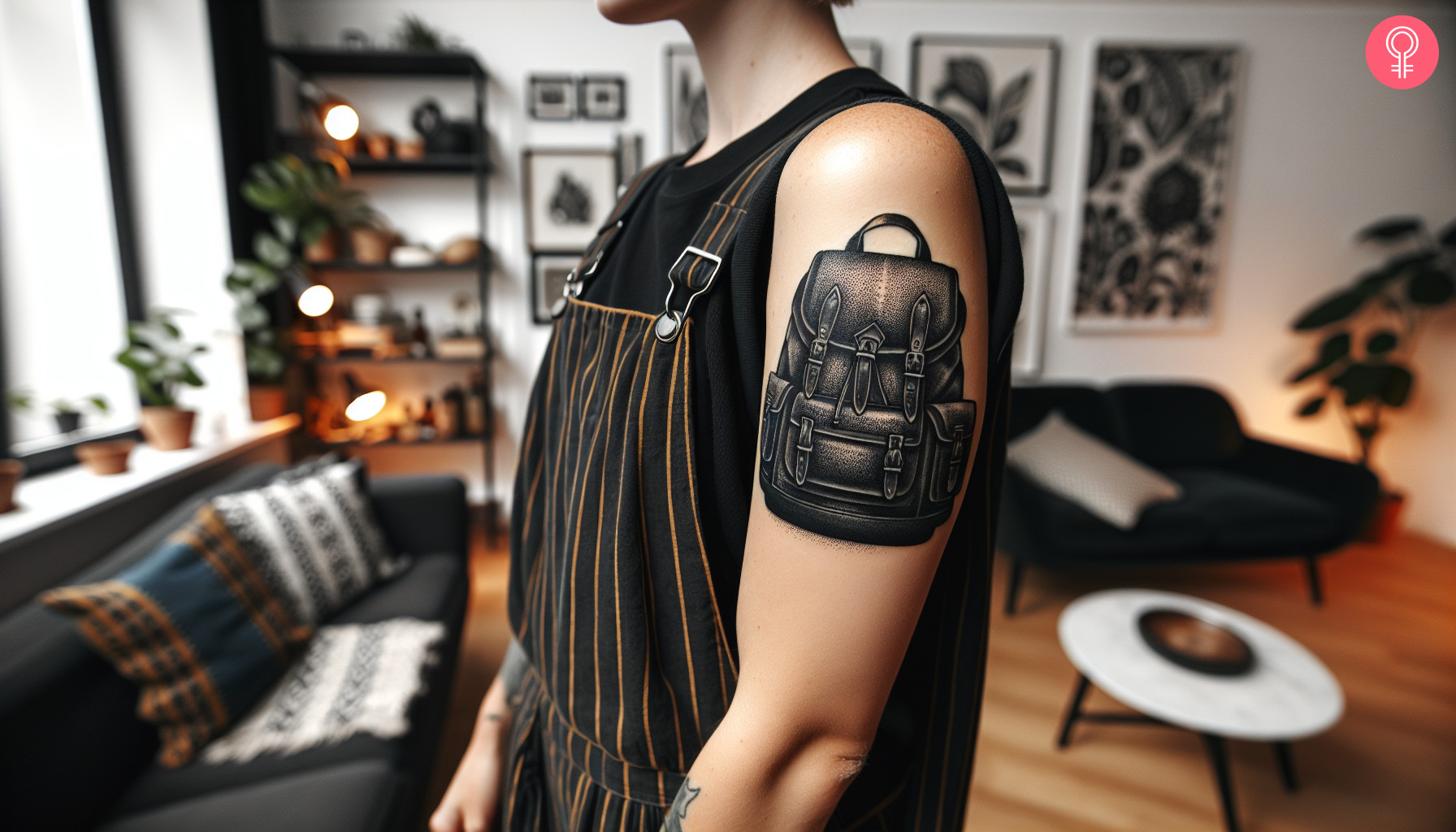 Black backpack tattoo on the upper arm