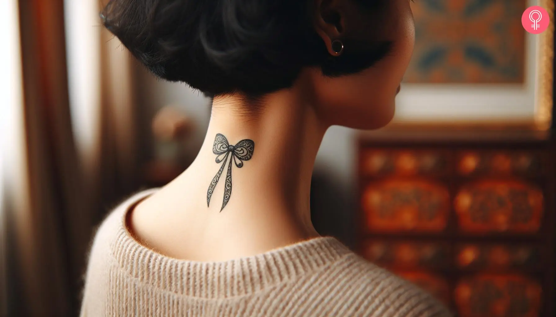 Black bow tattoo on the neck of a woman