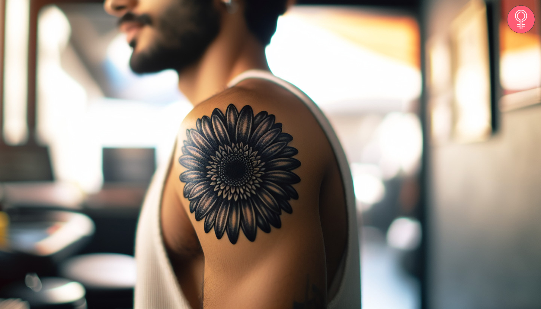 Black gerbera daisy tattoo on the shoulder of a man