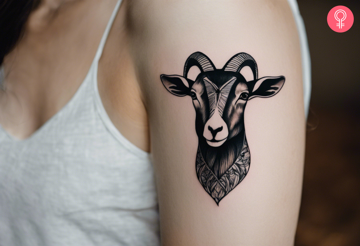 Black goat tattoo on the upper arm