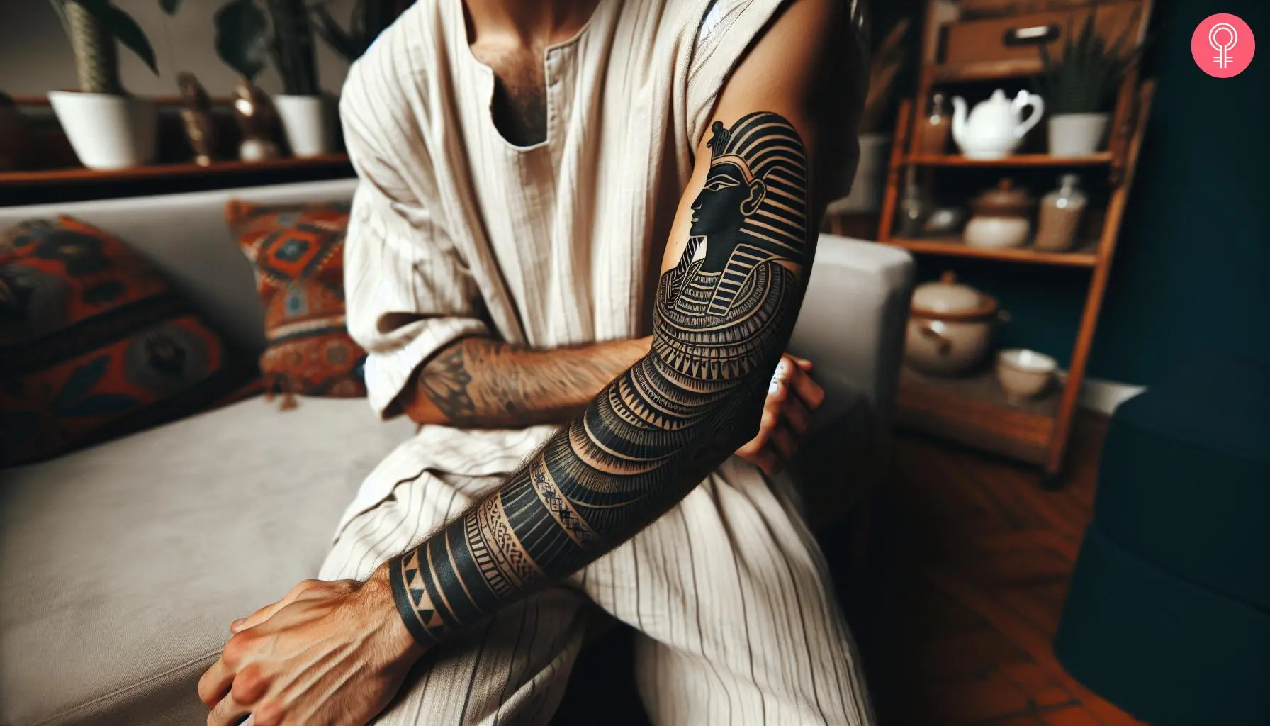 Black pharaoh tattoo on the arm of a man