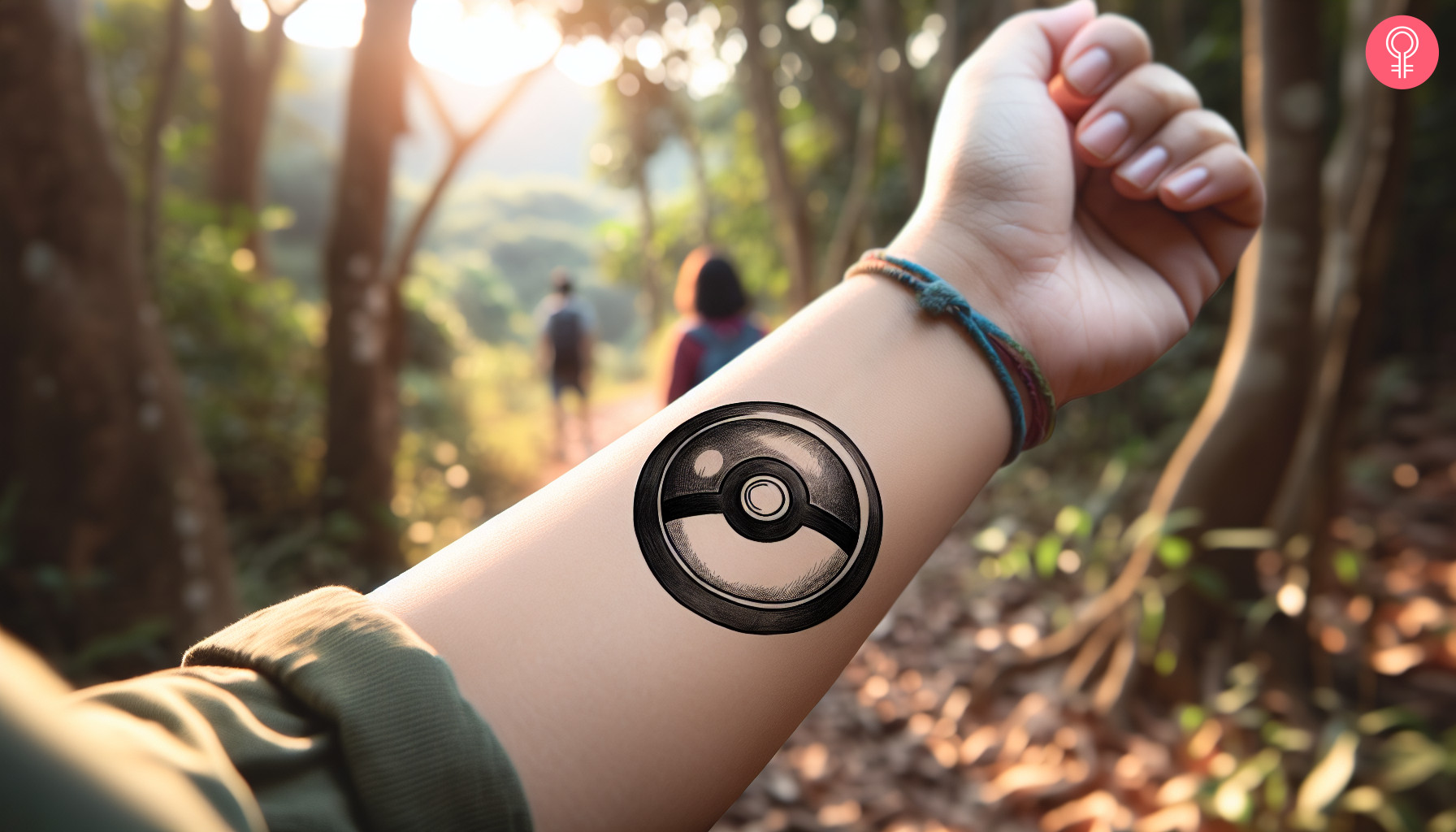 Black pokeball tattoo on a woman’s forearm