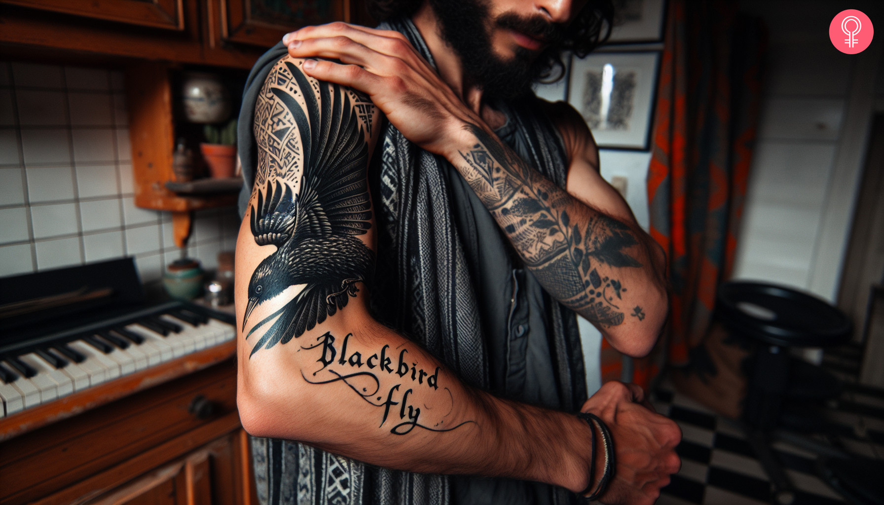 Blackbird Beatles tattoo on the arm of a man