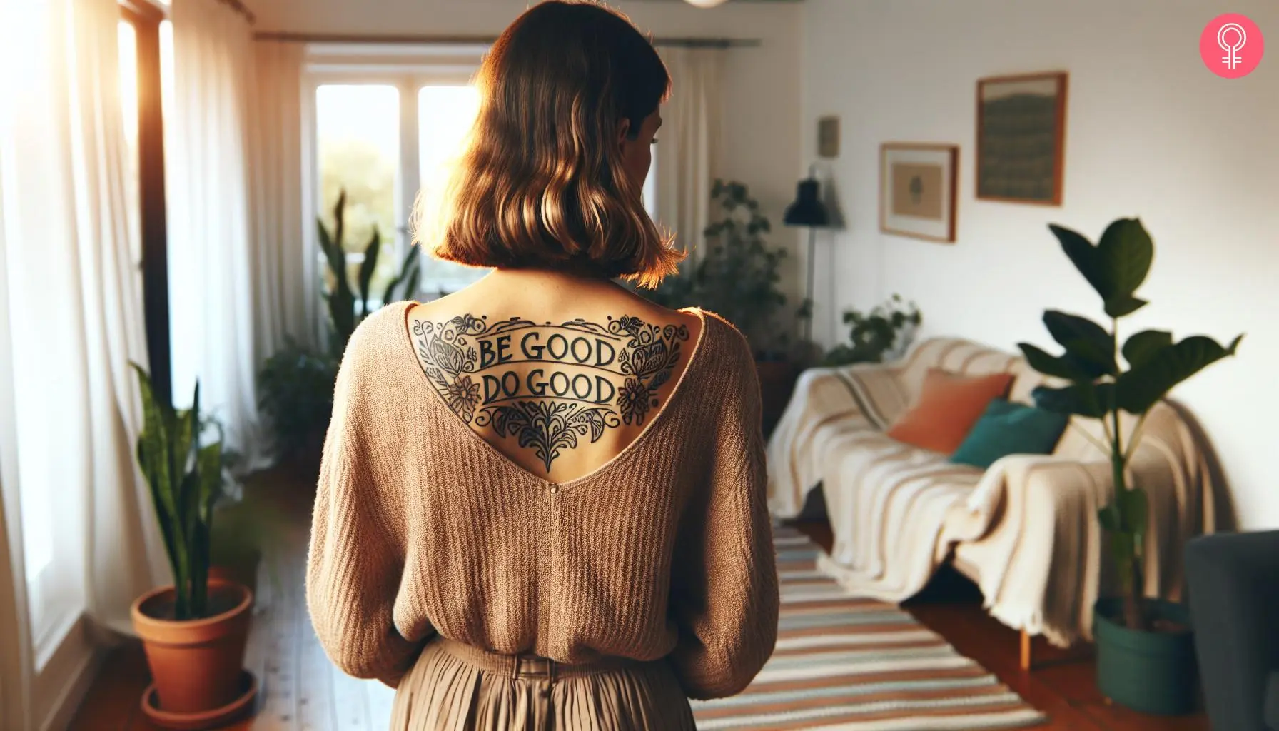 Block letter quote ‘Be good do good’ tattoo on the back shoulder