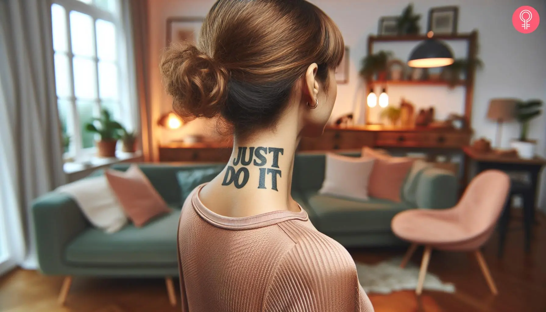 Block letter quote ‘Just Do It’ tattoo on the back of the neck