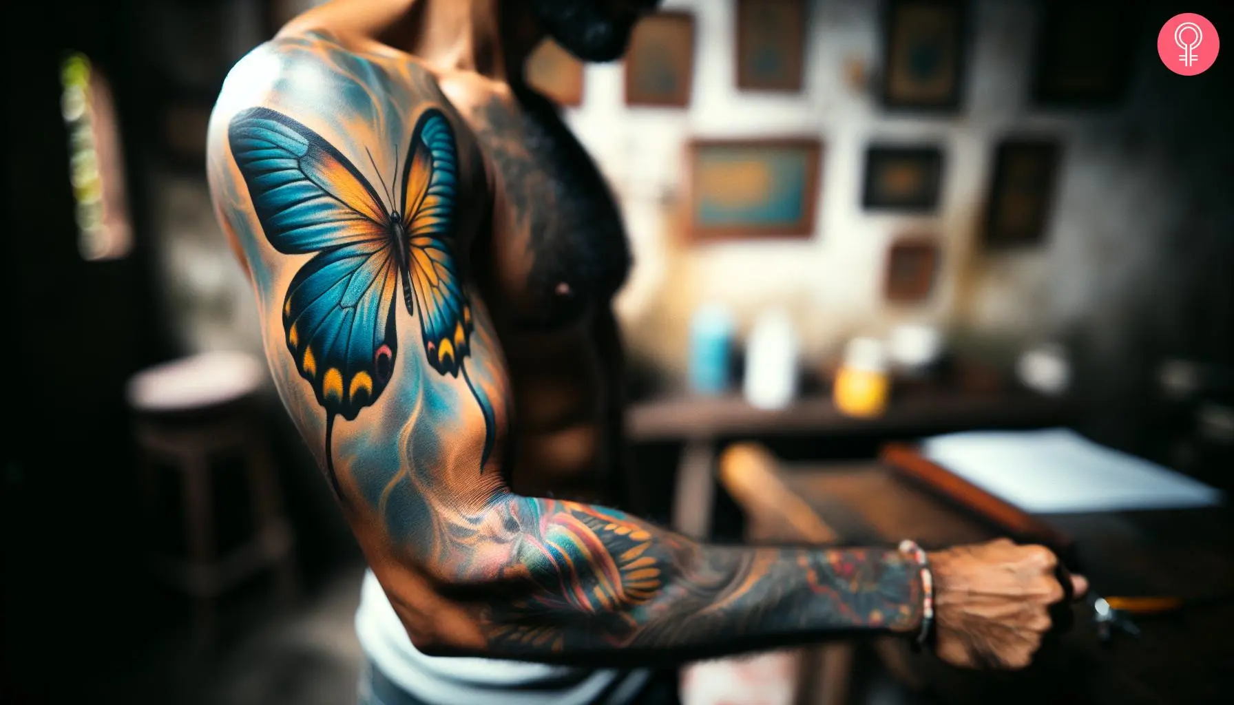 Blue and yellow butterfly tattoo on the arm of a man