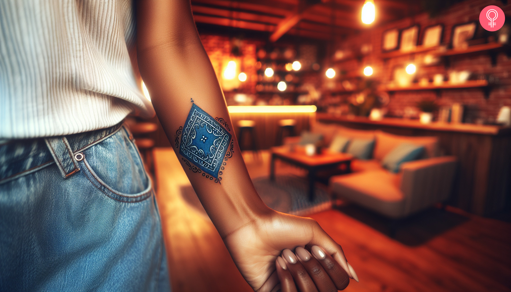 Blue bandana tattoo on the forearm of a woman