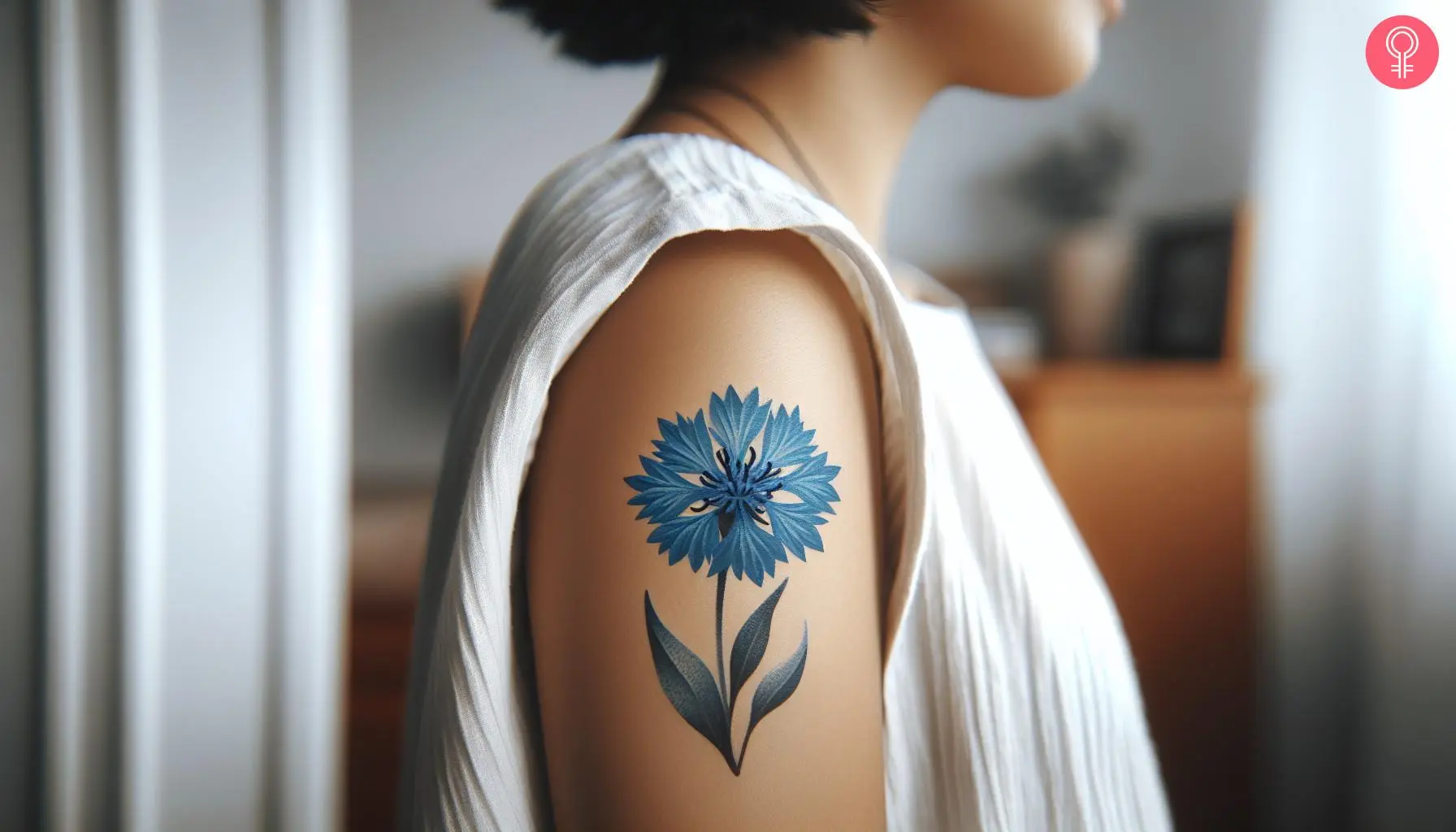 Blue cornflower tattoo on the upper arm