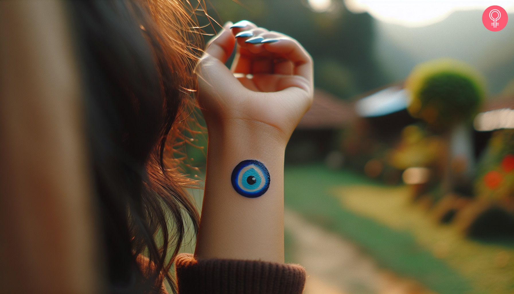 A blue evil eye tattoo on the wrist of a woman