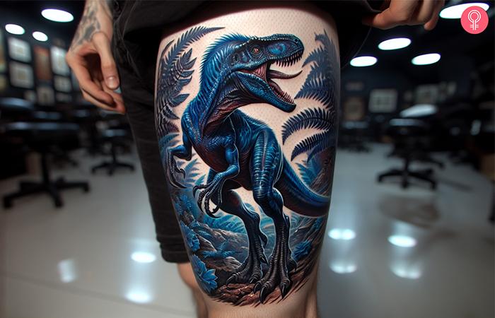 Blue velociraptor tattoo on a man's thigh