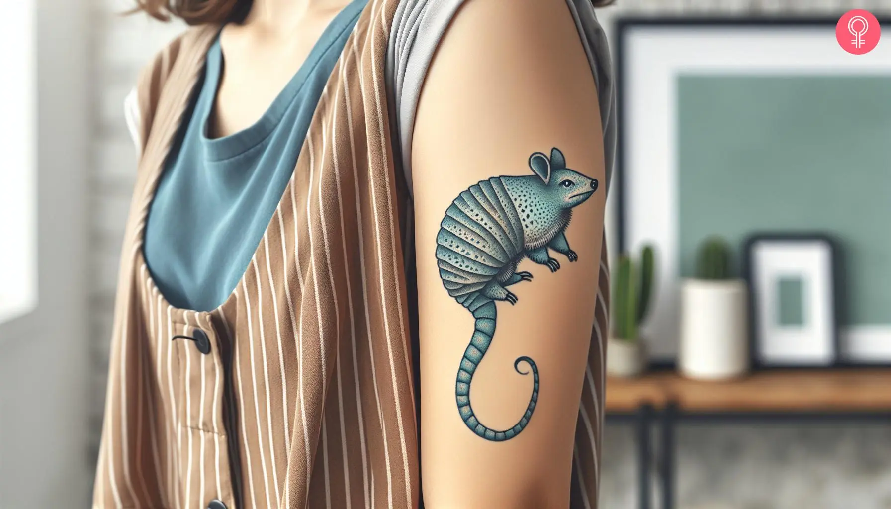 Blue armadillo tattoo on the upper arm of a woman