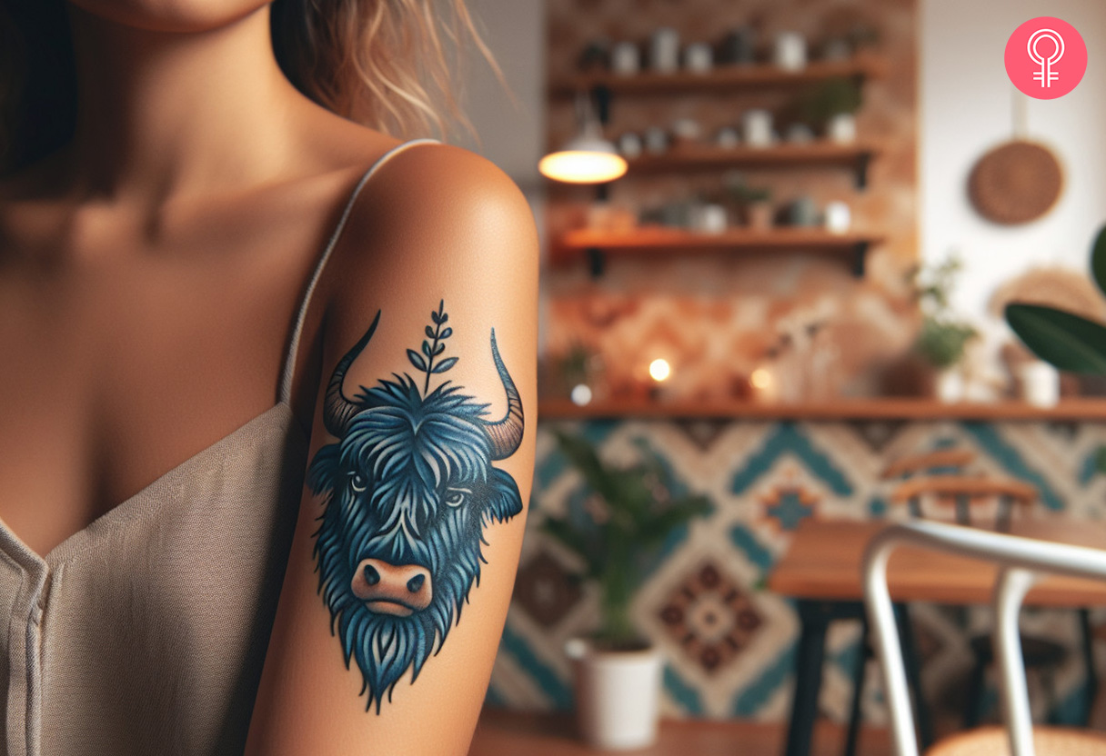 Blue ox tattoo on the upper arm of a woman